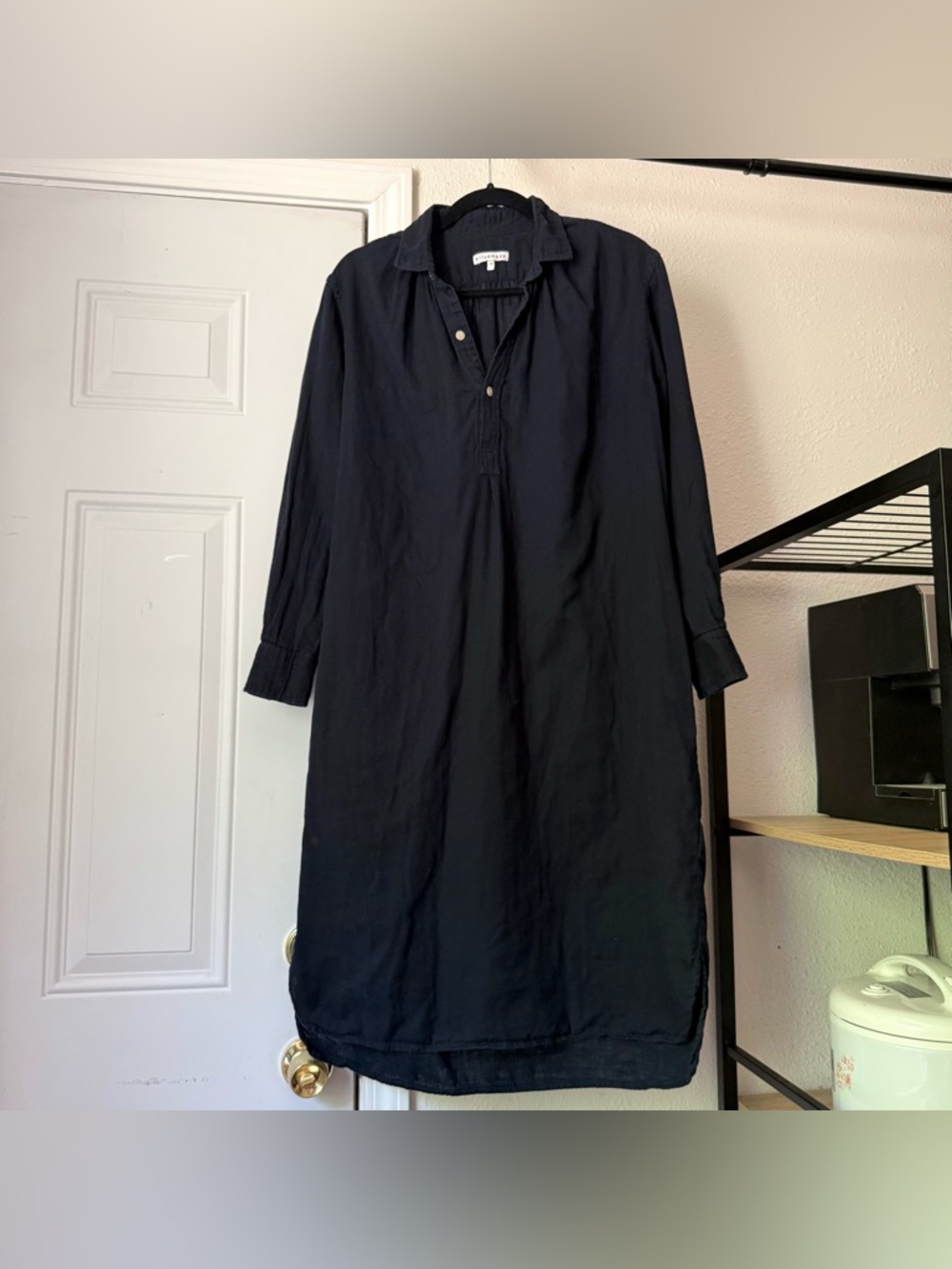 BLLUEMADE navy blue cotton popover Japan long sleeve midi shirt dress